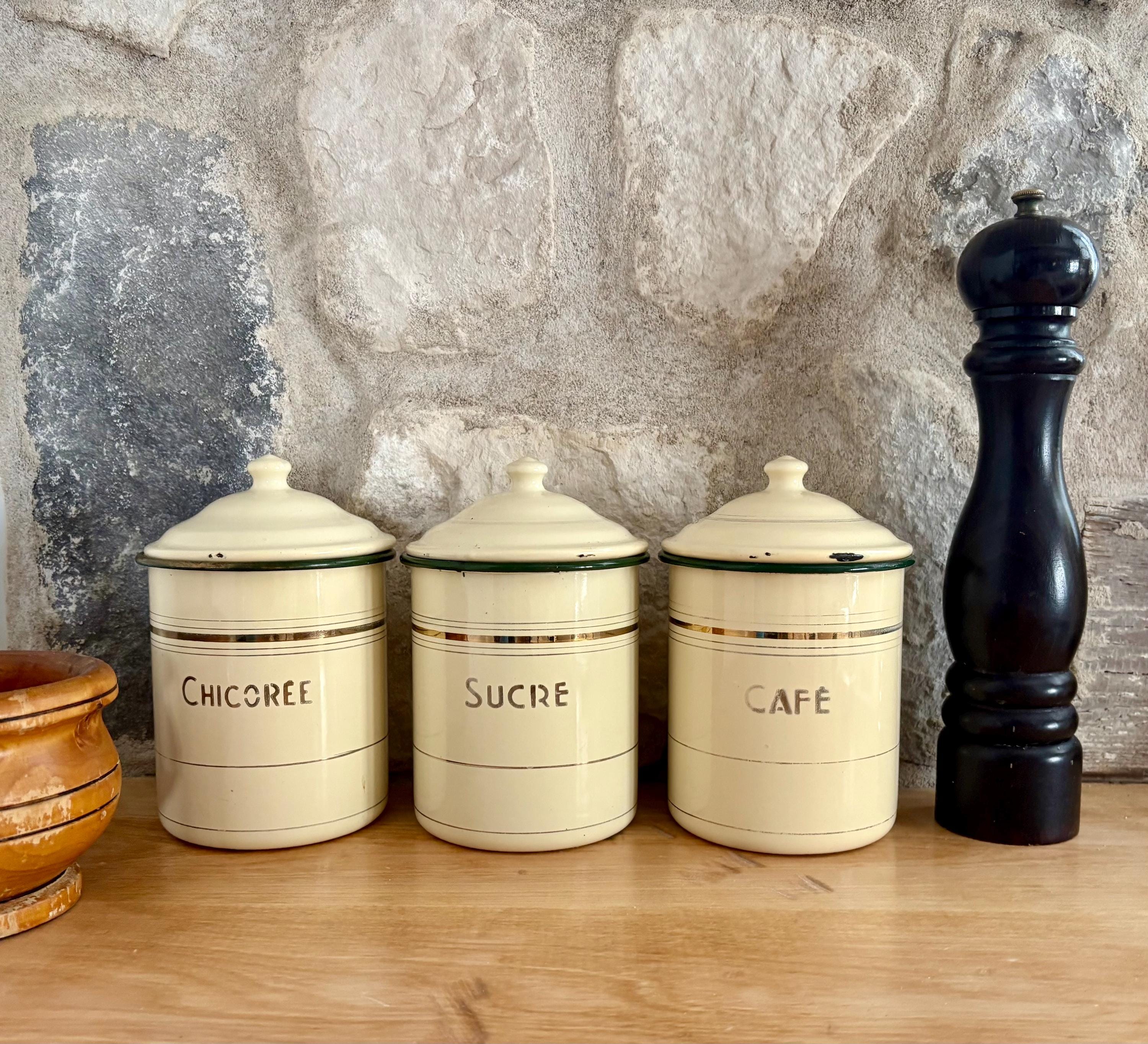 アンティーク キャニスターセット 一松模様 CHICOREE & SUCRE Antique French Enamel Canister Set Sucre, Café & Chicorée 1930s