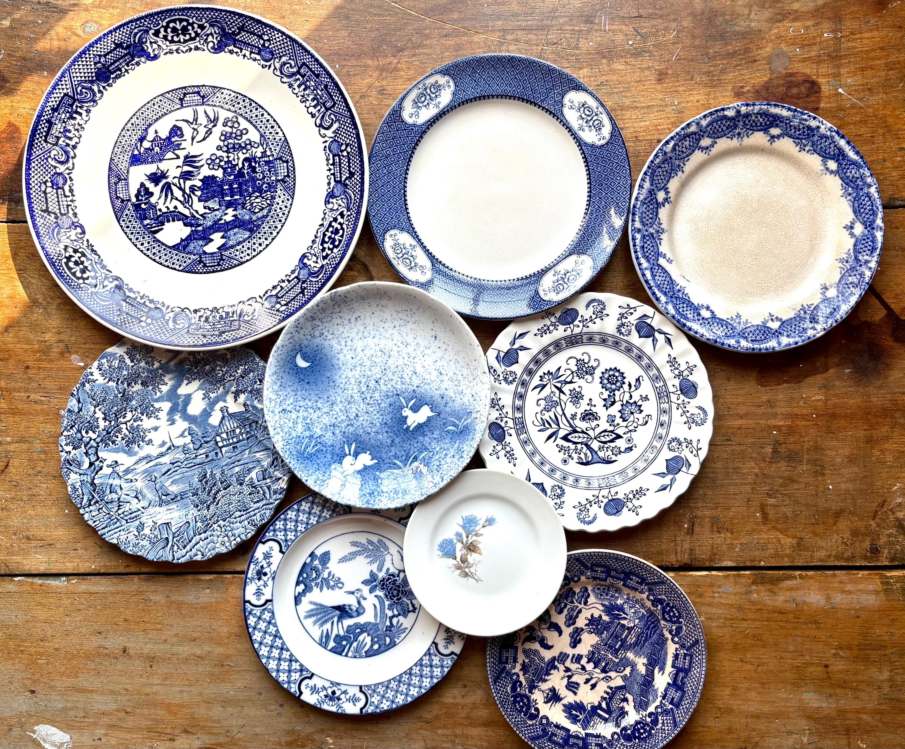 Curated Set of 9 Blue and White Wall Porcelain Plates Antique