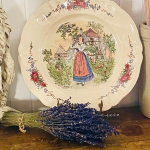 Vintage Extra Large French Serving plate Obernai Sarraguemines. Signed Henri Loux cottage scene. 13 1/2’’ diameter.