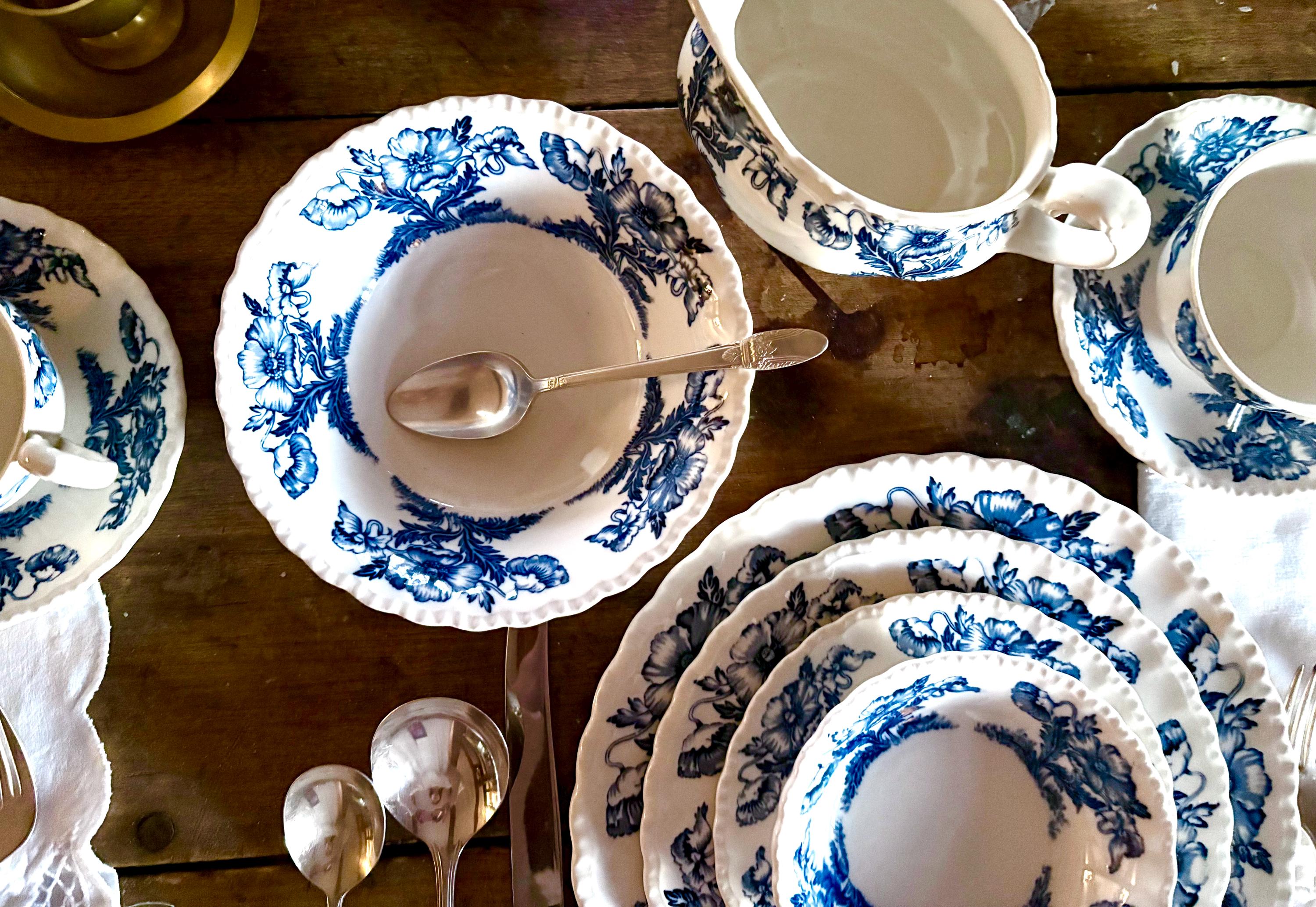 Vintage Grindley Atlas Ironstone Dinner Set – Blue Poppies, 2 or 4