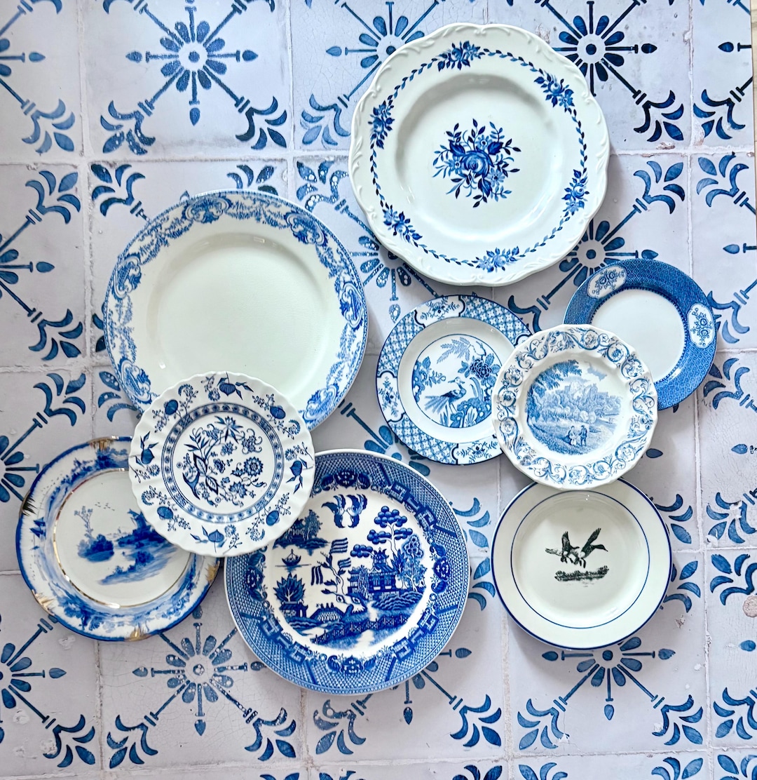 Antique Blue White Plates Set of 9, English Transferware