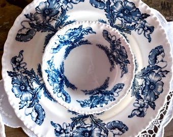Vintage Grindley Atlas Ironstone Dinner Set – Blue Poppies, 2 or 4