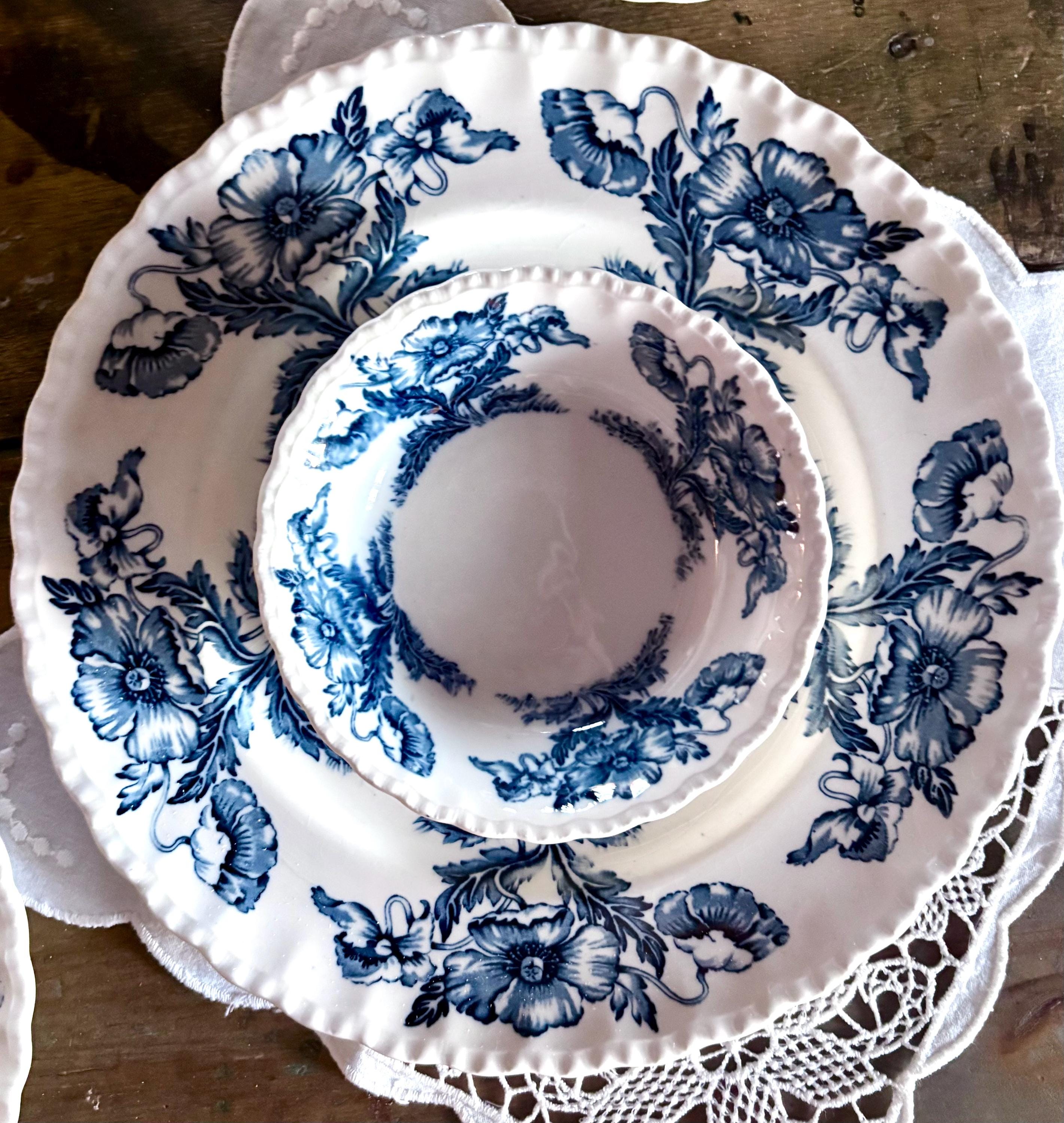 Vintage Grindley Atlas Ironstone Dinner Set – Blue Poppies, 2 or 4