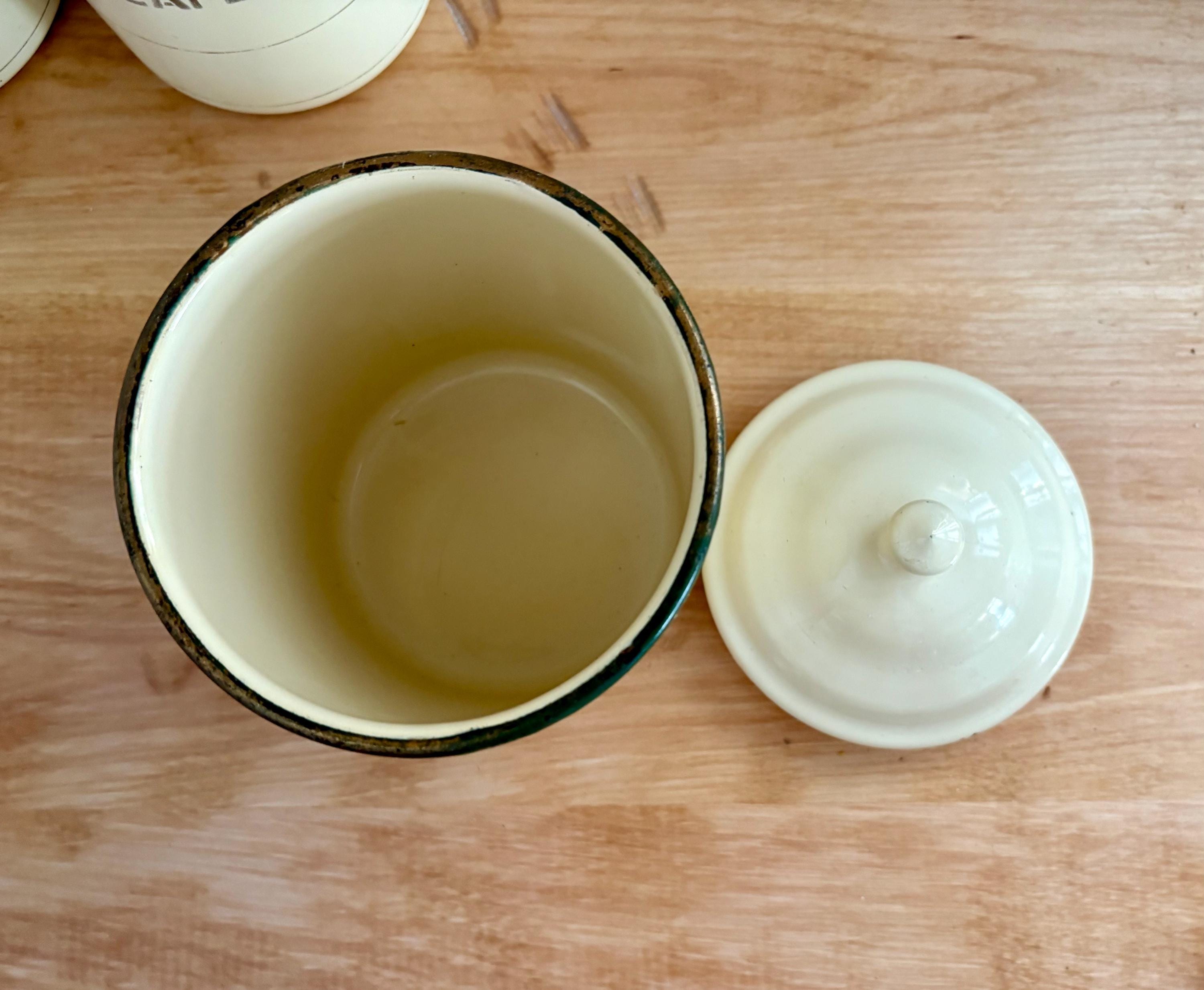 Antique French Enamel Canister Set Sucre, Café & Chicorée 1930s