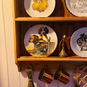 May include: A wooden shelf with two shelves, each holding a collection of decorative plates. The top shelf has a white plate with a painted image of pears and a white plate with a green border and a painted image of a house and trees. The bottom shelf has a white plate with a painted image of two dogs, a white plate with a painted image of a black dog, and a gold metal pitcher. The shelf is mounted on a white wall.
