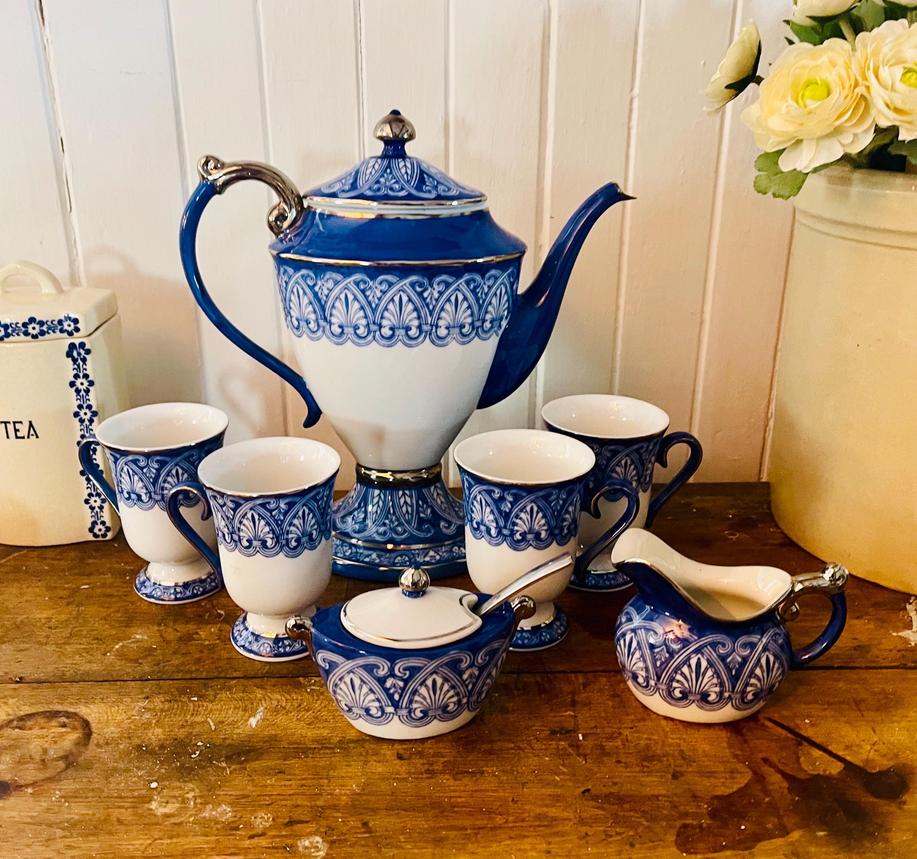 Vintage Bombay Porcelain Coffee Set: Blue, White, and Platinum (7