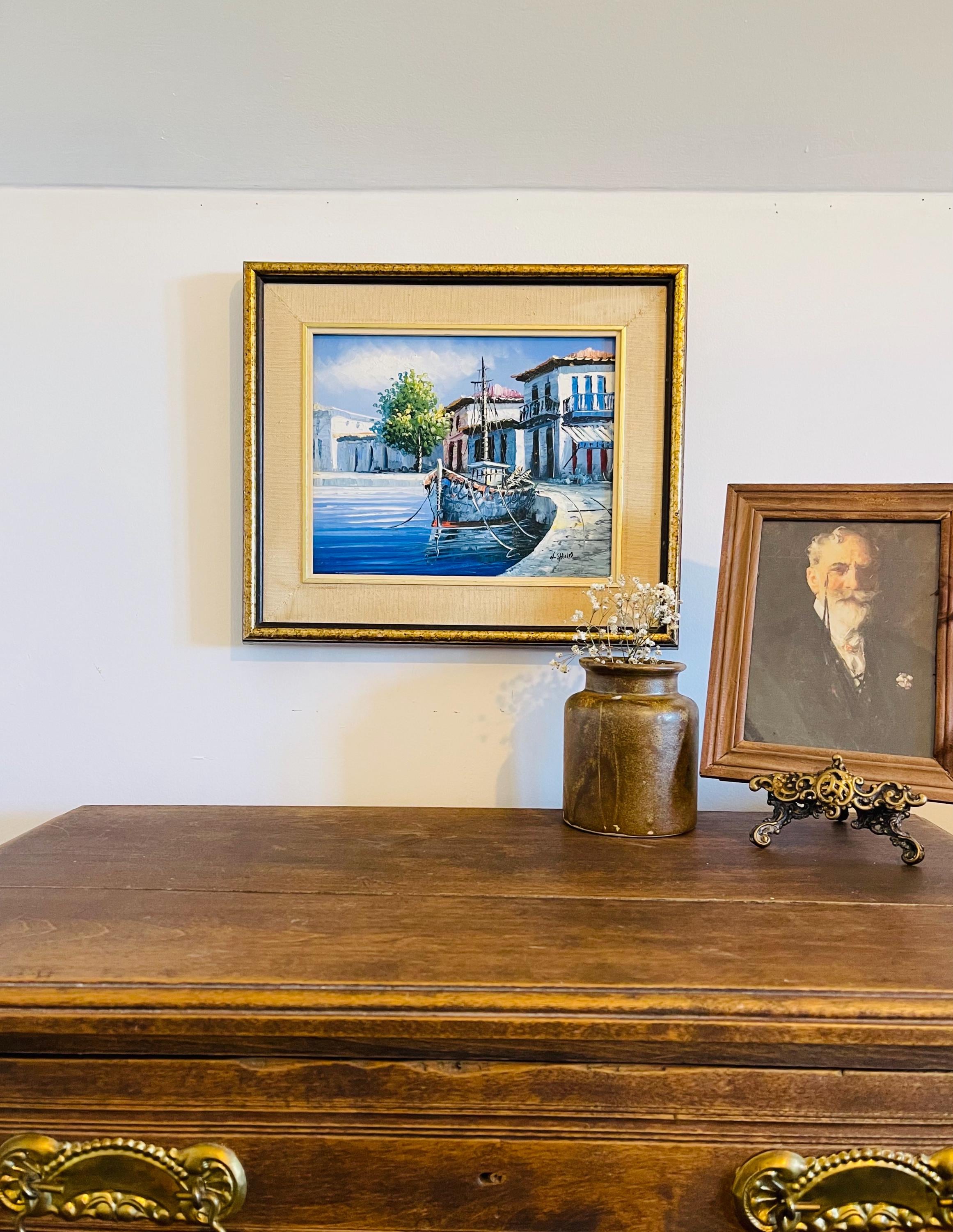 Vintage Framed Oil Painting: Marina Boat, Signed Nautical