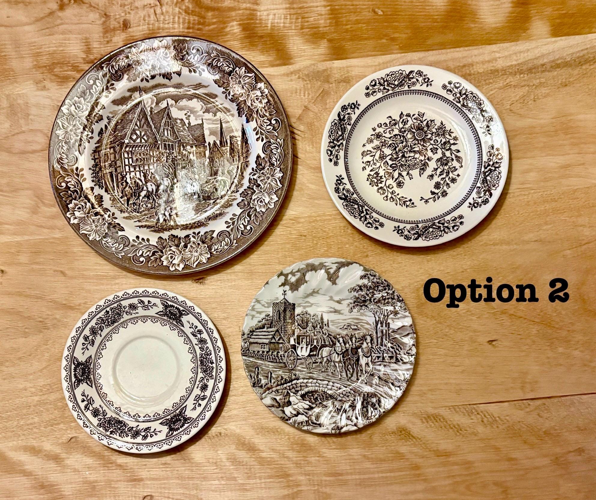 Vintage Sepia Transferware Plate Set, Storybook Cottagecore Wall