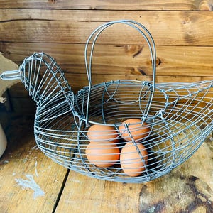 May include: A wire duck-shaped egg basket with a handle, holding several brown eggs. The basket is made of silver-colored wire and sits on a rustic wooden surface. The design is both functional and decorative, perfect for kitchen or farmhouse decor.