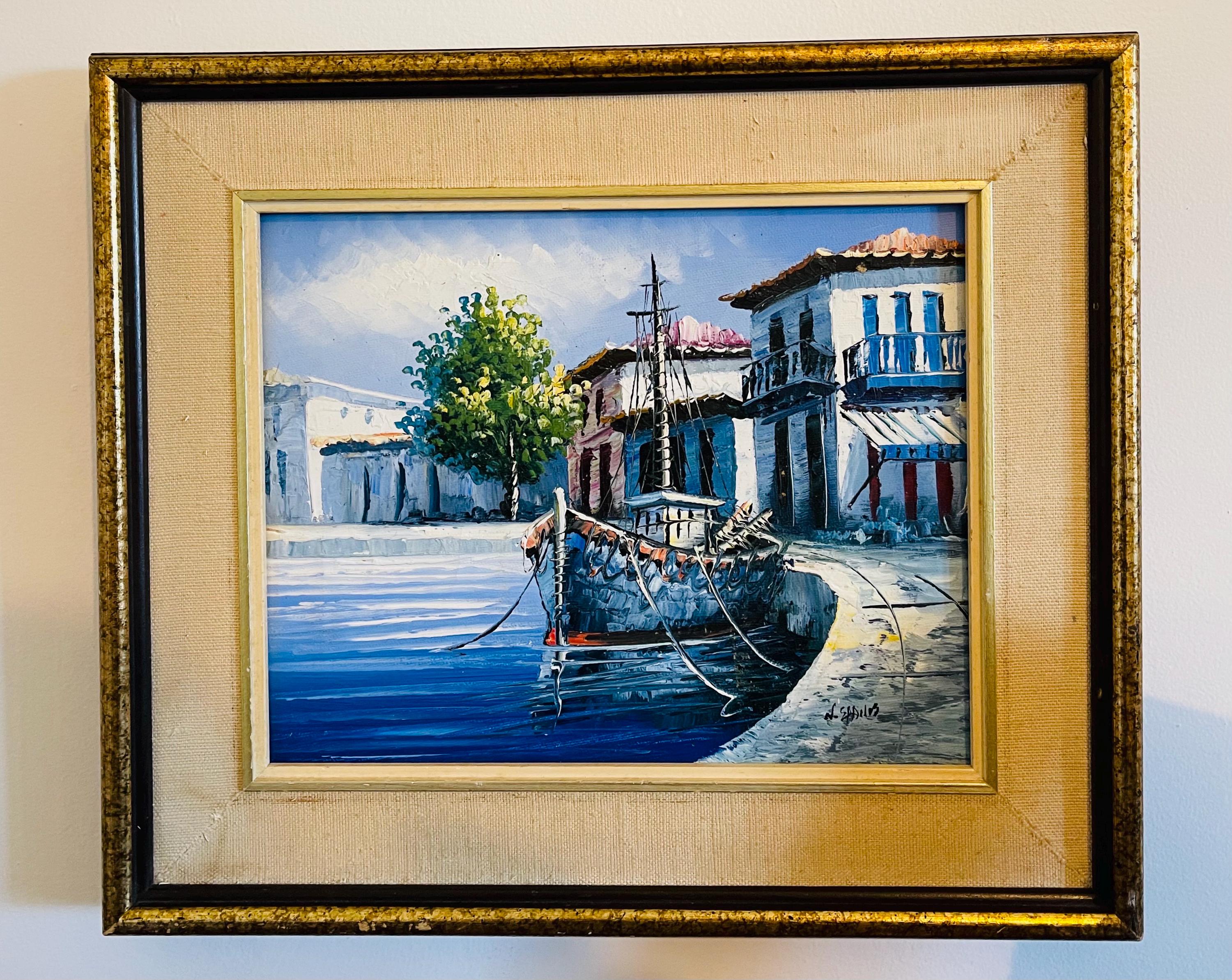 Vintage Framed Oil Painting: Marina Boat, Signed Nautical