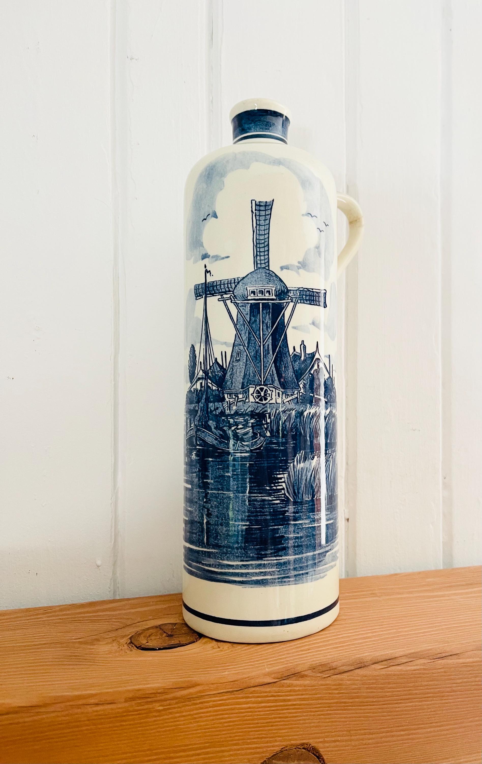 Vintage Delft Blue Liquor Bottle Set: Hand-painted Windmill Motifs