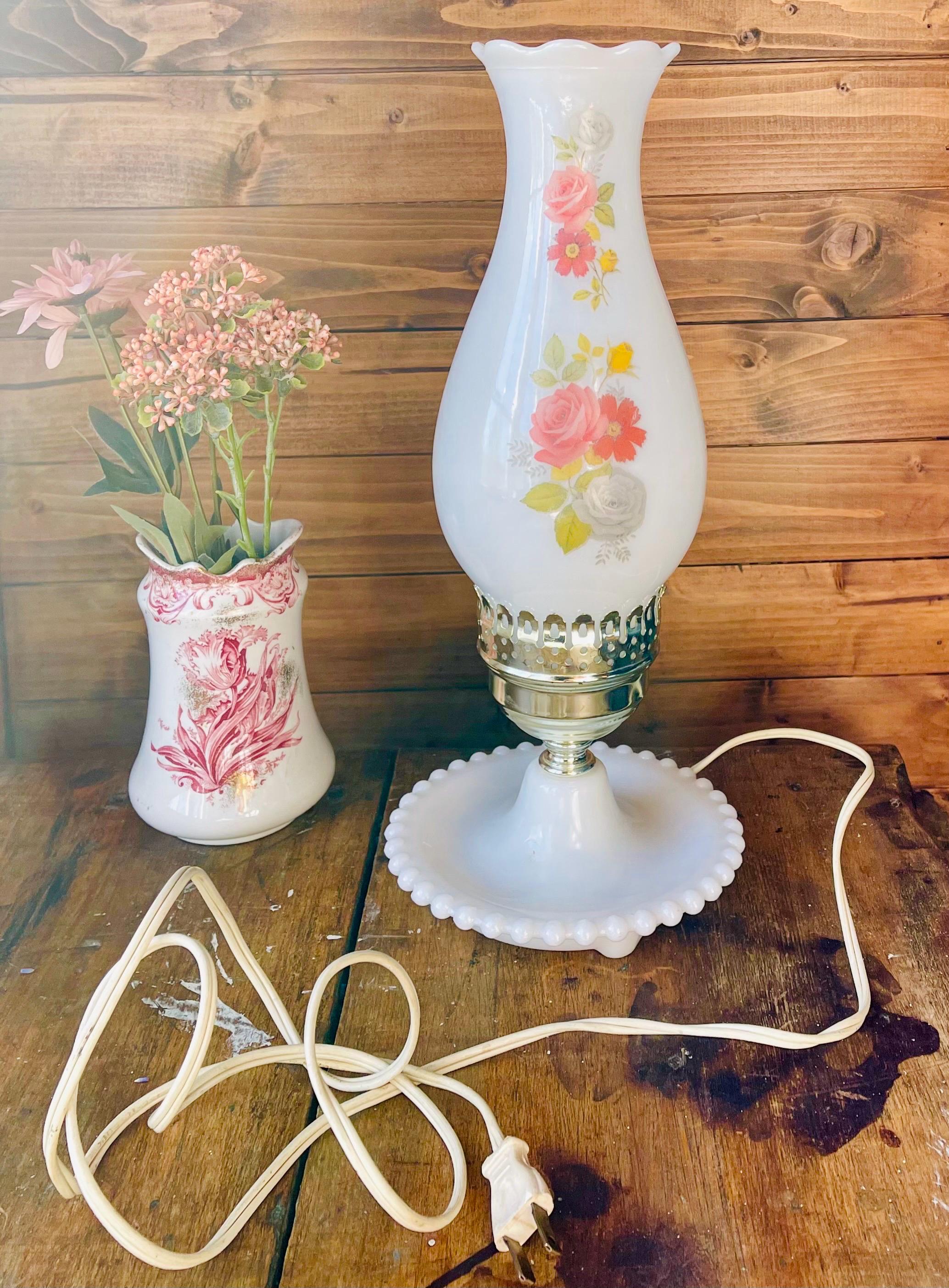 Vintage Milk Glass Hurricane Lamp – Floral Shade, Hobnail Base