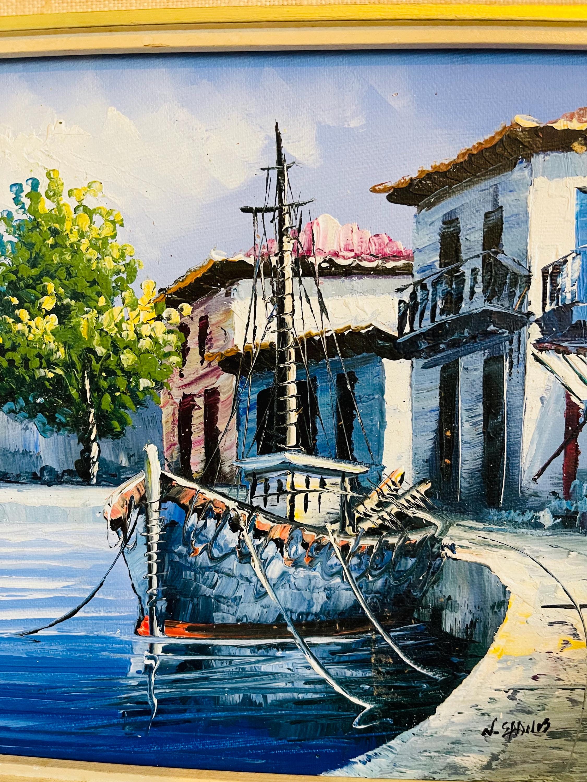 Vintage Framed Oil Painting: Marina Boat, Signed Nautical