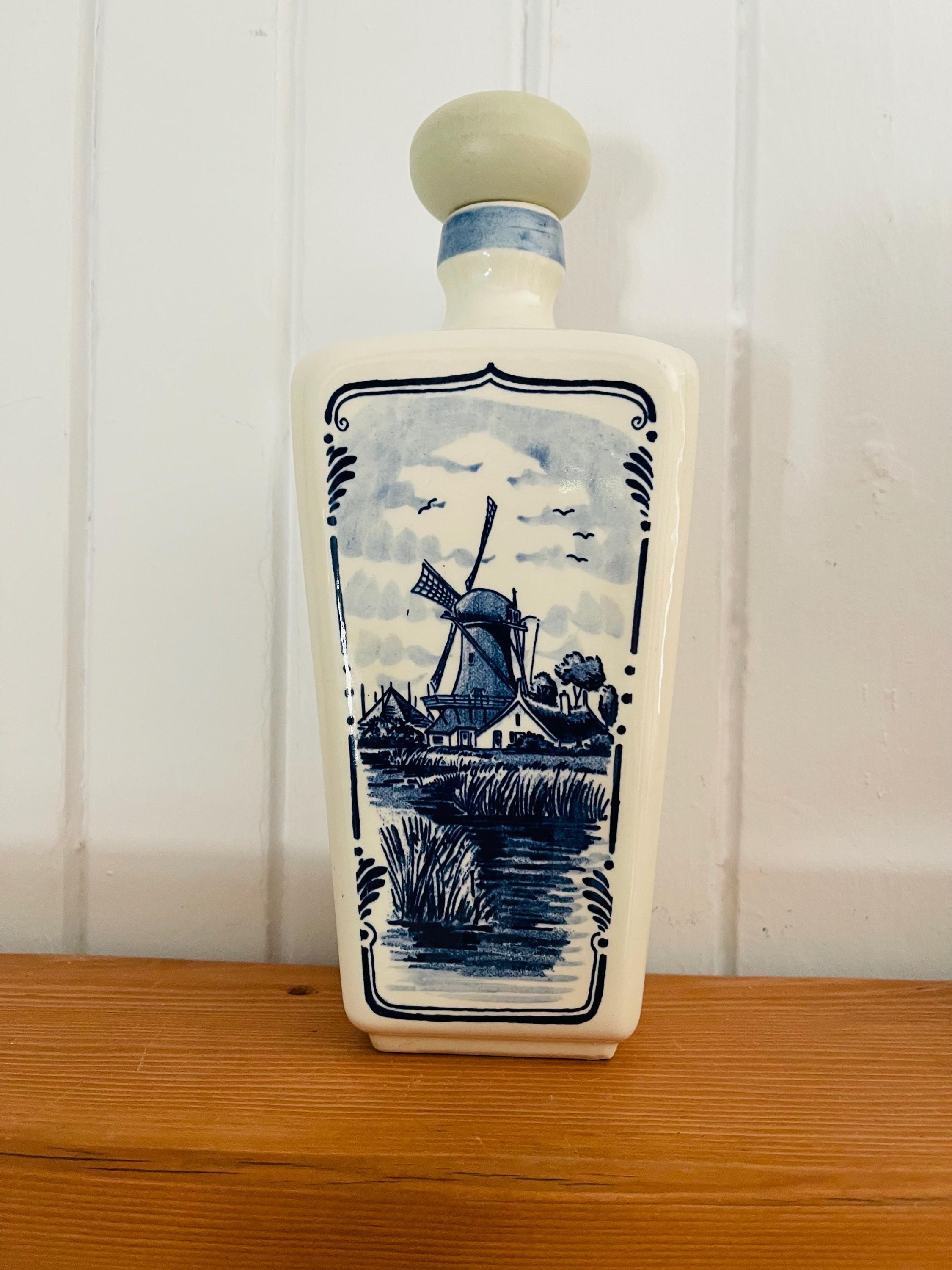 Vintage Delft Blue Liquor Bottle Set: Hand-painted Windmill