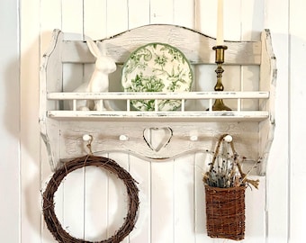 Vintage Solid Pine Wall Shelf With Heart Cutout, 4 Peg Rail Rustic