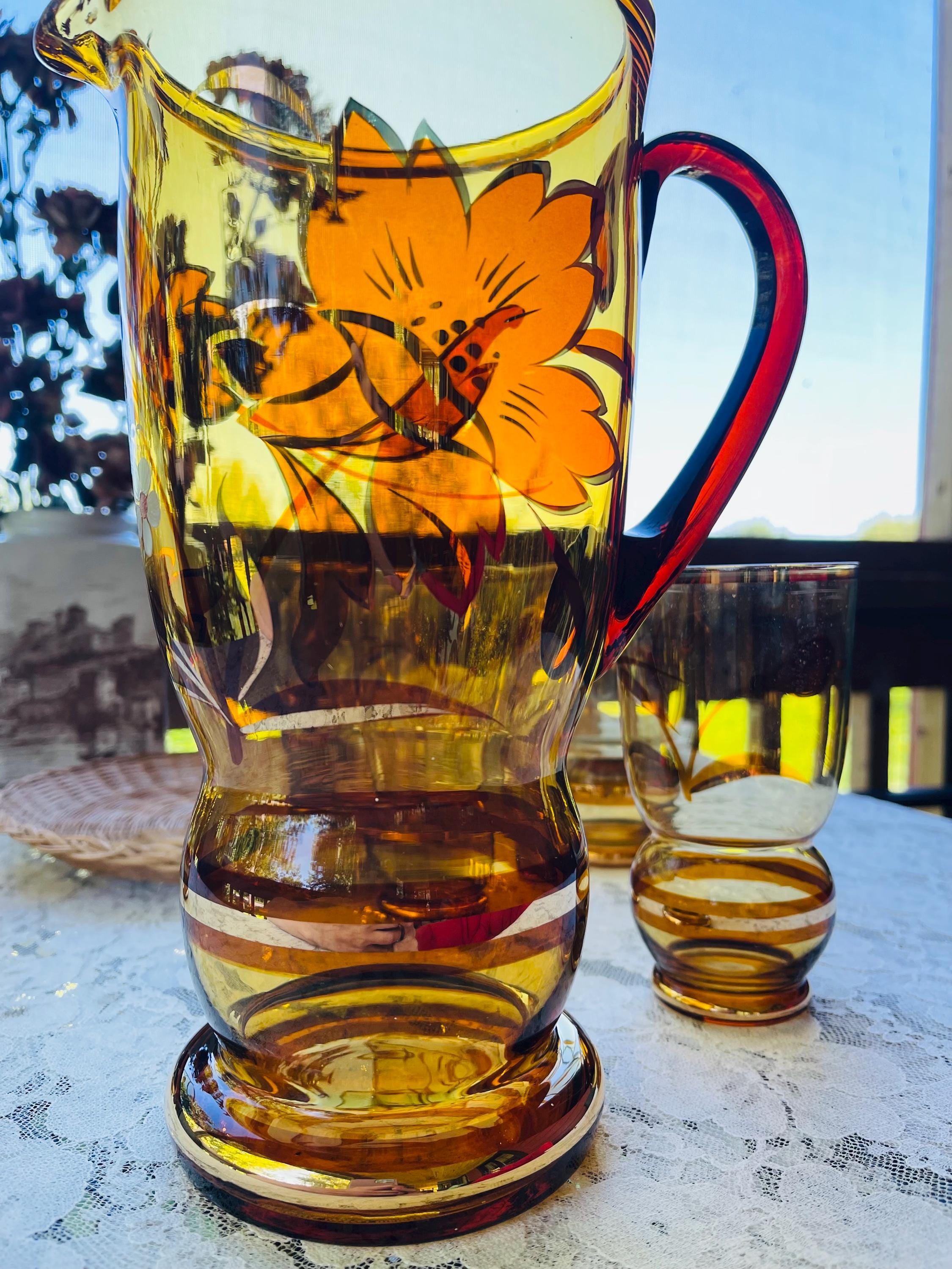 Retro Amber Glass Pitcher Set: Mid-century Brown & Gold Floral