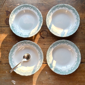 Antique Green Transferware Soup/Potage Plates – Lomond Pattern, English, c.1880s (Set of 4). Cedalon / Sage green Transferware Deep Plates