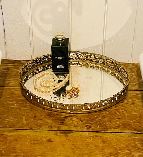 gold dressing table tray Vintage Hollywood Regency Vanity – Gilded Filigree, Oval Mirror decorative gold tray