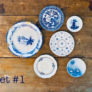Sets of vintage and antique classic white and blue plates, gallery wall or mismatched tablescape. Ready to install. French provincial decor.