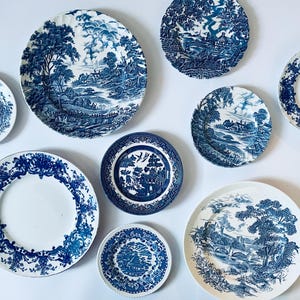 Vintage Blue & White Plate Gallery Wall Set: Antique English China (1902-1970)