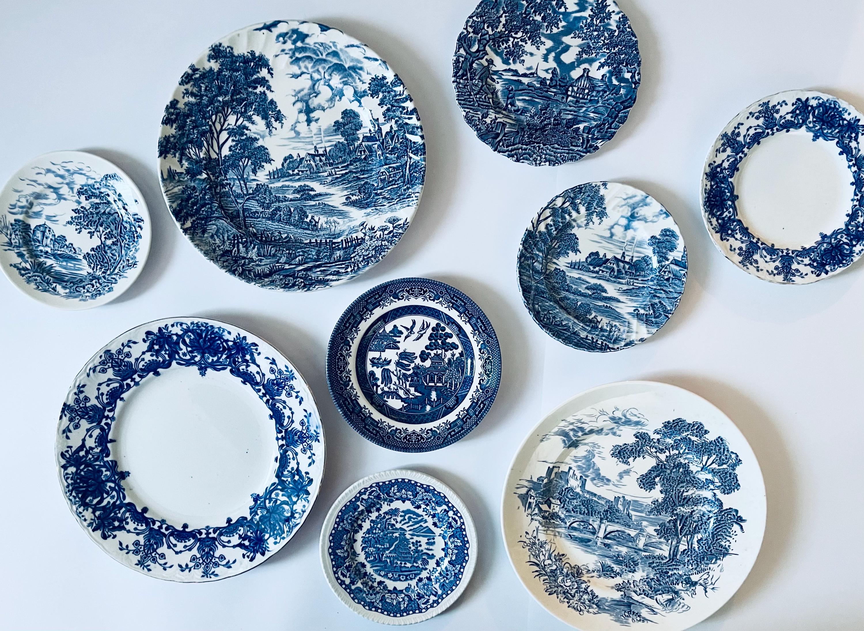 Vintage Blue & White Plate Gallery Wall Set: Antique English China