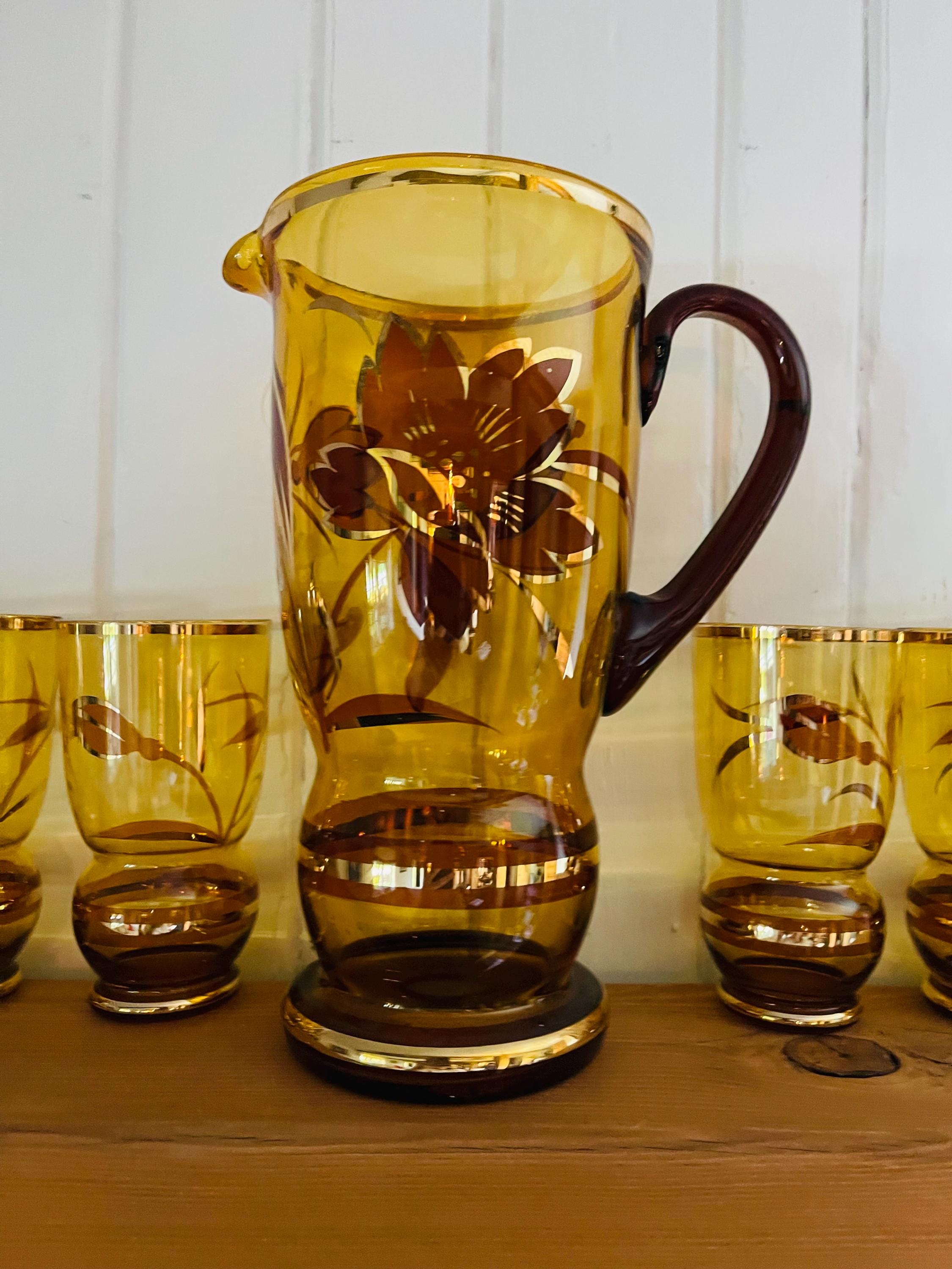 Retro Amber Glass Pitcher Set: Mid-century Brown & Gold Floral