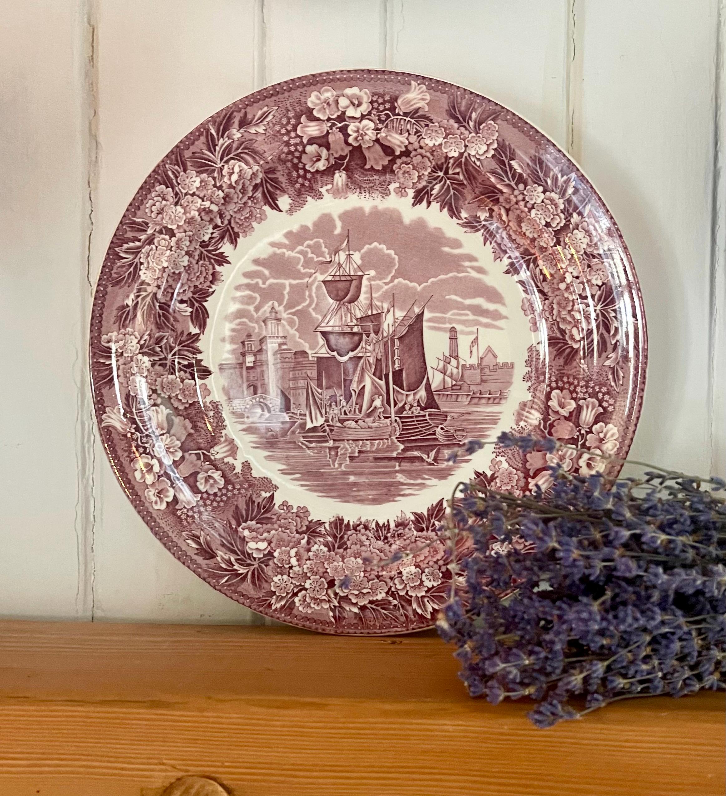 Rare Wedgwood Ferrara Plate: Mulberry Transferware, Italian Port
