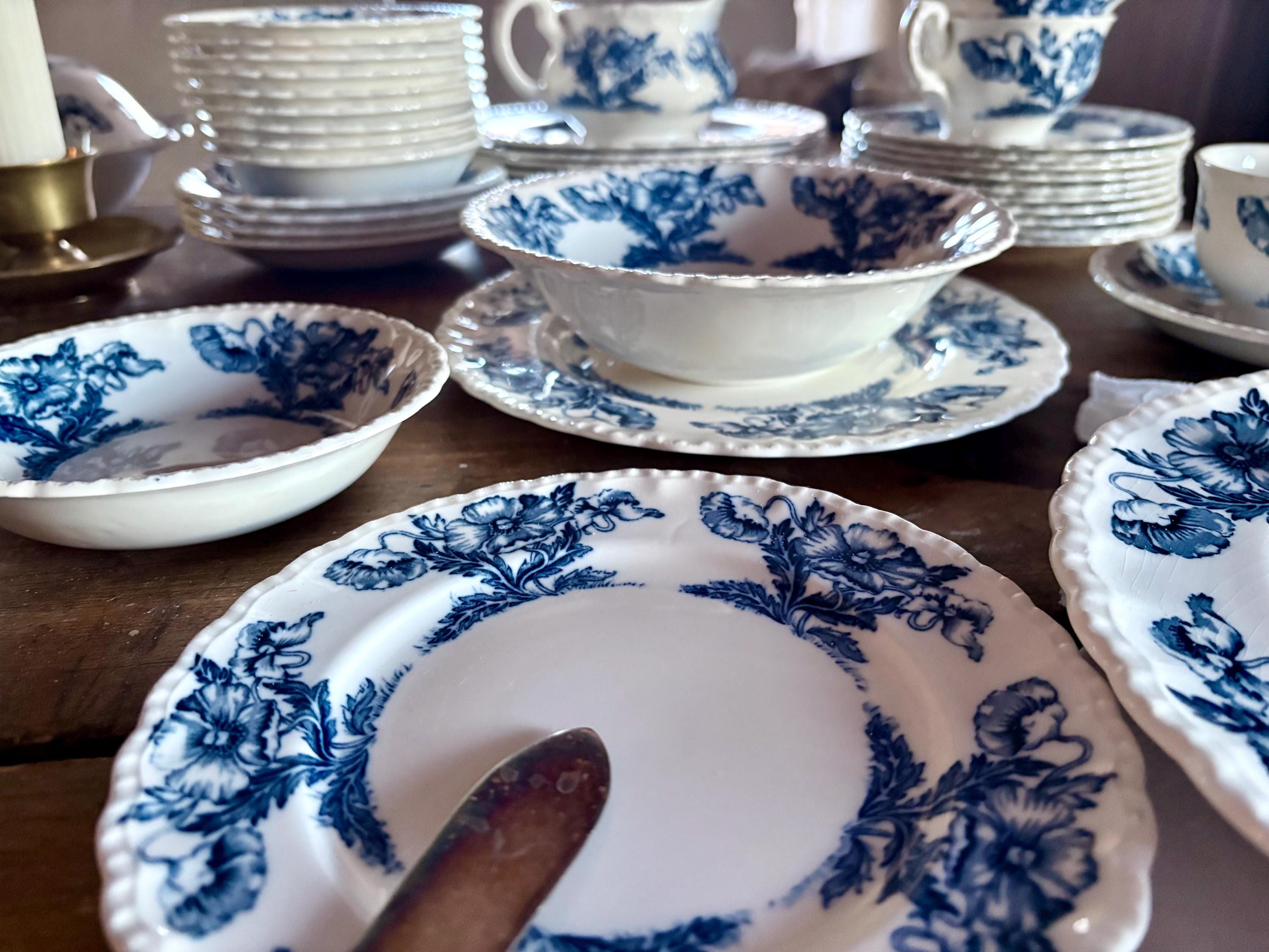 Vintage Grindley Atlas Ironstone Dinner Set – Blue Poppies, 2 or 4