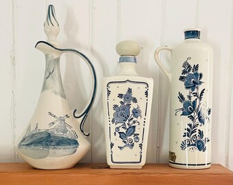 Vintage Delft Blue Liquor Bottle Set: Hand-painted Windmill Motifs