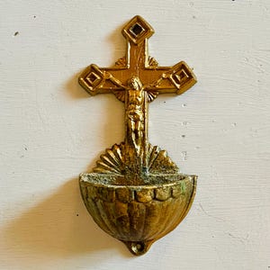 Antique Gilded Holy Water Font with Crucifix | French Cast Metal Wall Font | Catholic Altar Decor | c.1920s–40s | Religious Cross Basin
