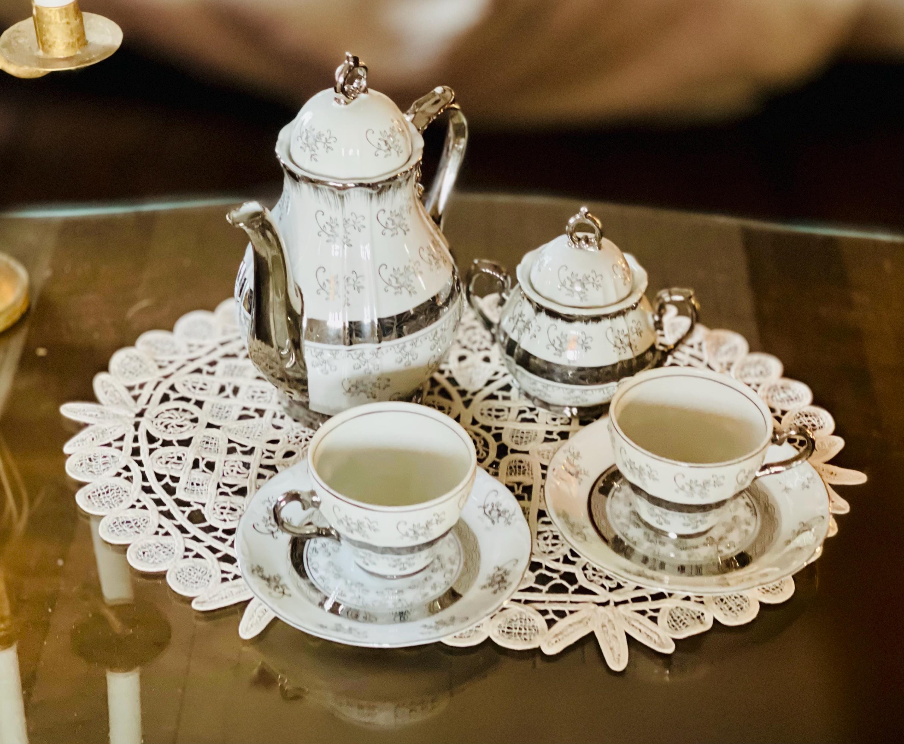 Vintage Japanese Tea Set for Two: Platinum Porcelain Teapot, Cups