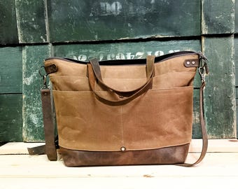 Handmade waxed canvas leather tote bag for women, zippered shoulder bag, canvas tote, womens canvas tote bag