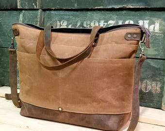 Waxed canvas leather bag, womens shoulder bag, canvas leather mix bag, canvas crossbody, womens canvas tote bag
