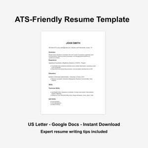 Puede incluir: Una plantilla de currículum vitae compatible con ATS en blanco con el nombre "John Smith" en la parte superior. El currículum incluye secciones para resumen, experiencia, educación y habilidades. El texto en la parte inferior dice "US Letter - Google Docs - Descarga instantánea" y "Consejos de redacción de currículums de expertos incluidos."