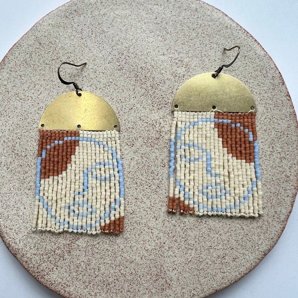 handmade boho abstract face beaded earrings, unique beaded earrings, minimalist boho face earrings