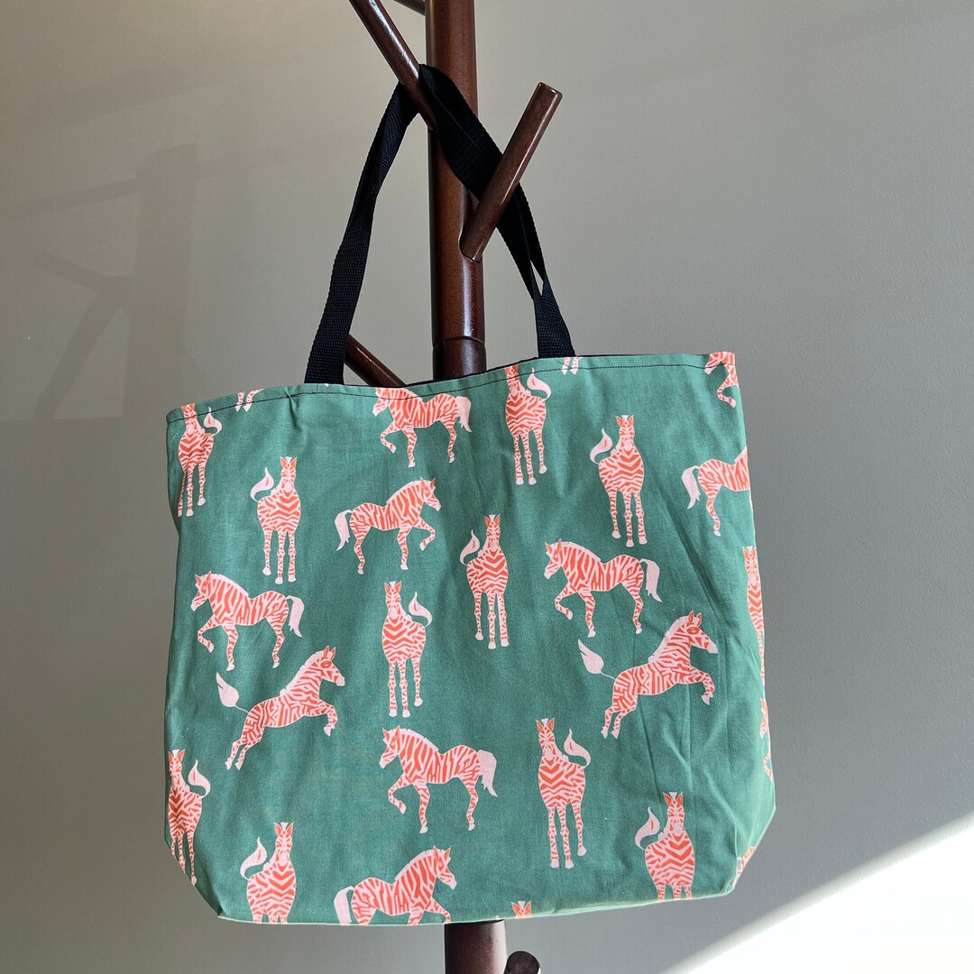 Green and Pink Zebra Tote Bag Handmade Cotton Tote Bag Zebra Etsy