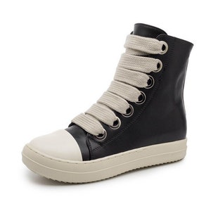 Shoes Platform Sneakers Rick Owens Shoes Leather Canvas High Top Black Size  Womens Men's Shoes Chunky Sneakers Casual Shoes Zip up Lace Up 