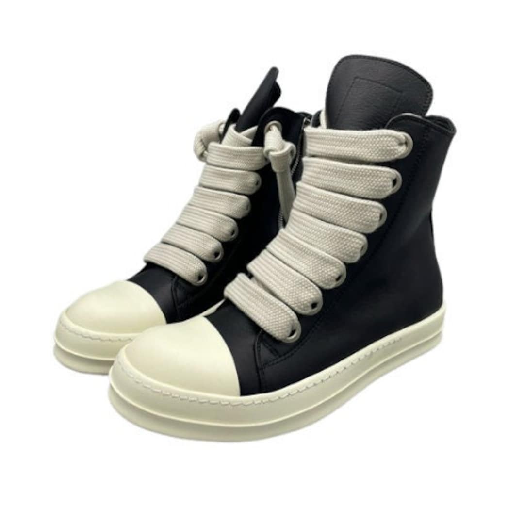 Shoes Platform Sneakers Rick Owens Shoes Leather Canvas High Top Black Size  Womens Men's Shoes Chunky Sneakers Casual Shoes Zip up Lace Up 