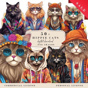 Imágenes prediseñadas de gatos, gatos graciosos, paquete de gatos, gato con gafas, gato hipster, gatos hippies, gatos geniales, imágenes PNG hipster, descarga digital, uso comercial