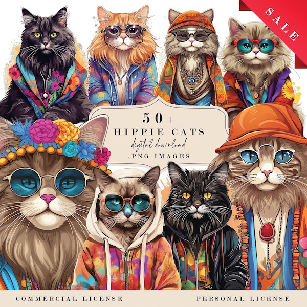 Hipster Cat Clipart, Trendy Cat, Cool Clothes Cats Illustration PNG, Cat In Glasses Boho Hat, Hippie Animal, Digital Download,Commercial Use