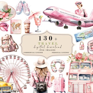 Clipart de viagem, Garota viajante, Viagem ao redor do mundo, Viagem rosa, Clipart de férias, Itens essenciais para viagem, Viagem de verão, Download instantâneo, Uso comercial