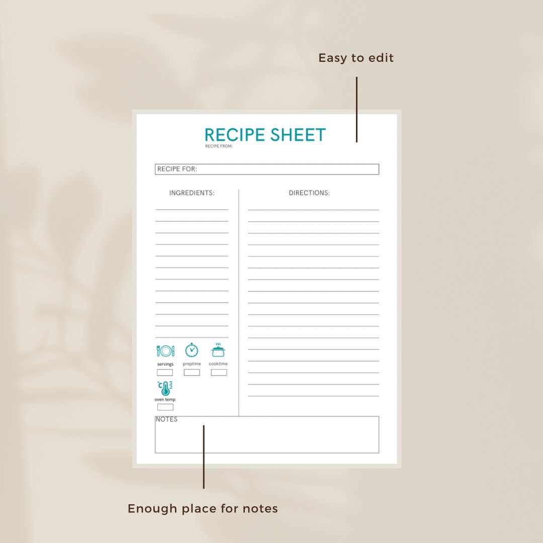 Recipe Sheet Printable Recipe Template Printable Recipe - Etsy Canada