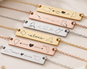 Personalized Country Map Necklace, Long Distance Necklace, Two Home State Necklace for Couples, State Country Engraved Pendant, Moving away