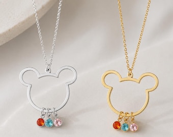 Personalized Birthstone Mickey Mouse Necklace, Dainty Disney Pendant, Cartoon Necklace Birthstone Mickey Mouse Necklace