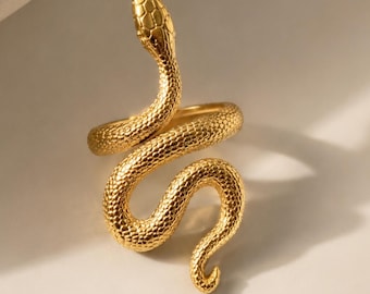 Vintage Snake Ring, Sterling Silver Snake Ring, Gold Snake Ring, Adjustable Serpent Band, Gold Spiral Bohemian Design Ring