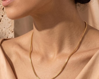 Gold Box Chain Necklace, 925 Sterling Silver, Dainty Layering Jewelry