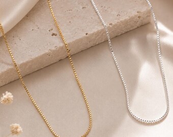 Sterling Silver Box Chain Necklace, Thin Gold Chain Necklace, Dainty Square Chain, Minimalist Layering Necklace, Gift for Her
