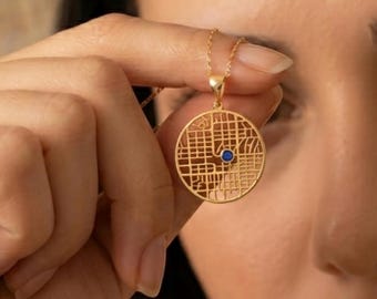 Custom City Map Necklace with Birthstone, GPS Coordinate Necklace, Where We Met Map Necklace, First Date Location Necklace Location Necklace