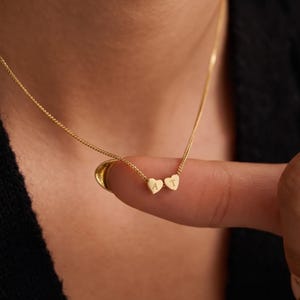 Könnte beinhalten: Eine zarte goldene Halskette mit zwei herzförmigen Anhängern. Jeder Herzanhänger hat einen eingravierten Buchstaben. Die Halskette wird vor einem dunklen Hintergrund gezeigt.