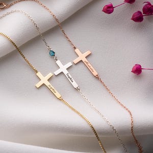 Silver Cross Name Bracelet with Birthstone Dainty Gold Name Birthstone Bracelet First Communion Gift Baptism Gift Girl Christian Jewelry